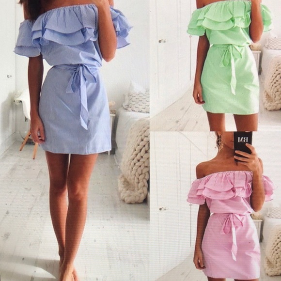 ‼️‼️SALE ‼️‼️Off The Shoulder Ruffle Collar Striped Mini Dress. Must Bundle‼️ - Picture 7 of 7